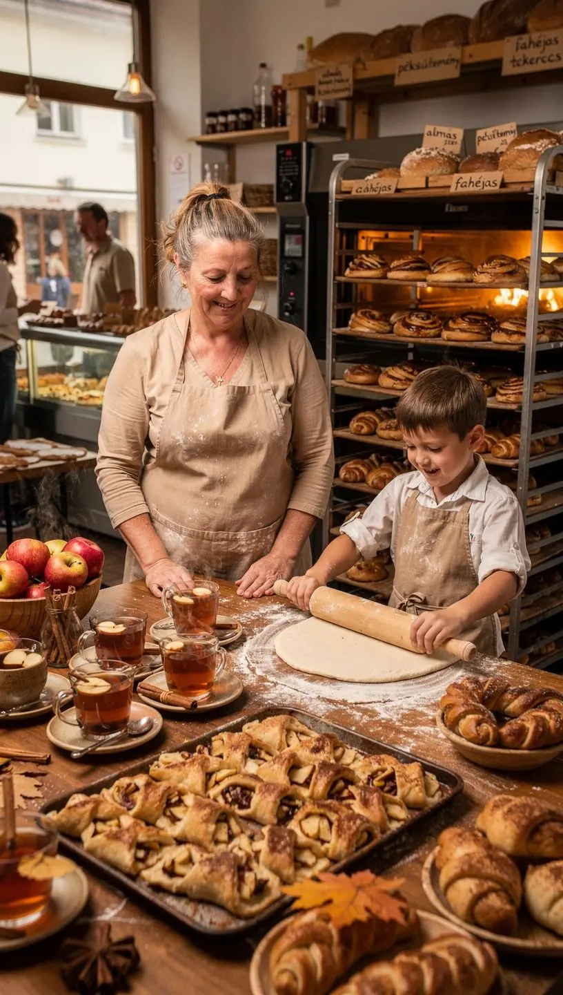 Fűszeres fahéjas almatea gőzölgő bögre, színes őszi levelekkel körülvéve.