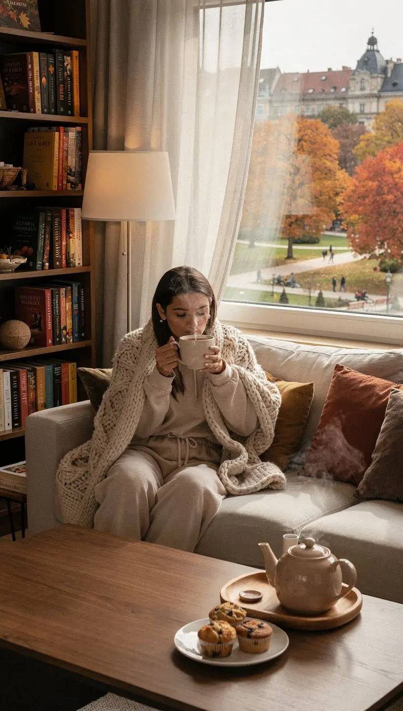 Őszi hangulatú asztal, tele almával, fűszerekkel és gyertyákkal.