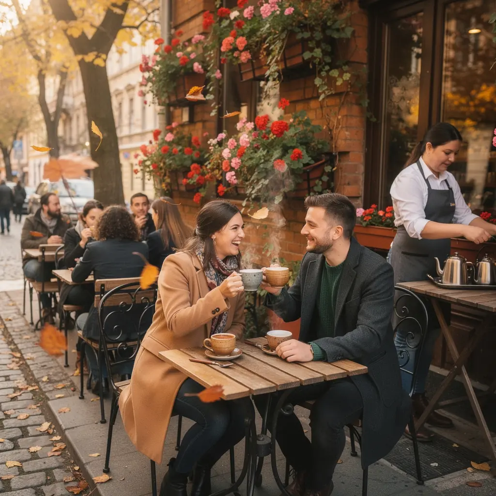 Egy bögre almatea, amely mellett egy könyv és egy gyertya áll, barátságos légkört teremtve.