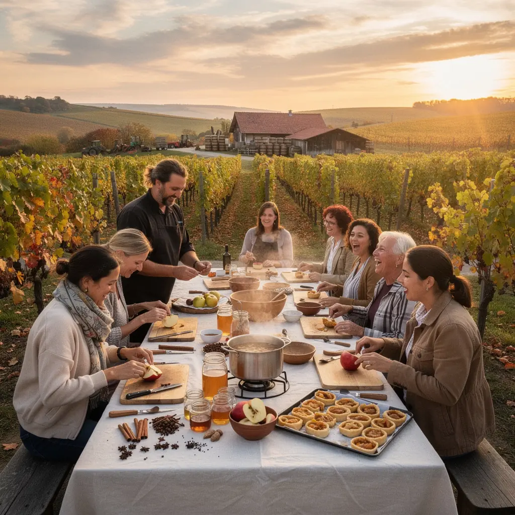 Fahéjas almás tea gőzölgő csészében, őszi levelek között.